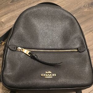 Coach Black Leather Backpack with Gold Accents